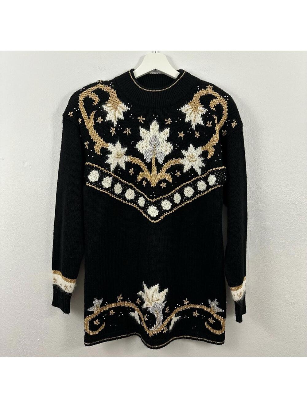 Vintage Dana Scott Women’s Floral Sequin Gold Black Sweater Size S